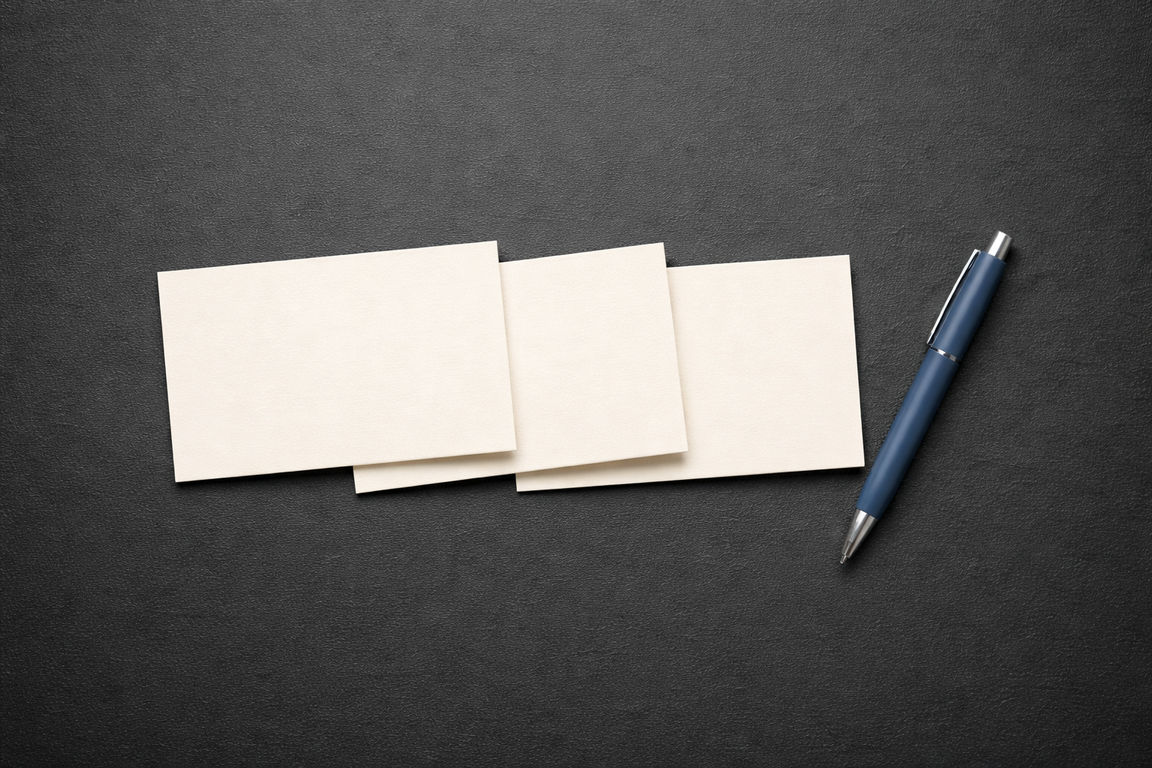 Neatly arranged index cards and pen