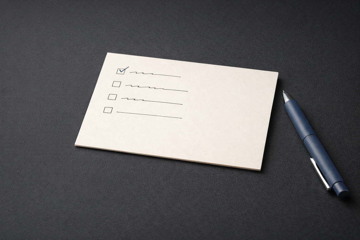 Checkboxes and pen on notecard
