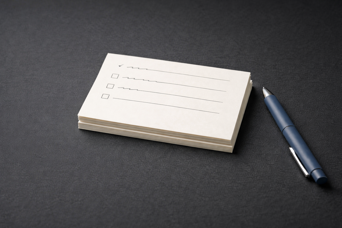 Notecards and pen on matte surface